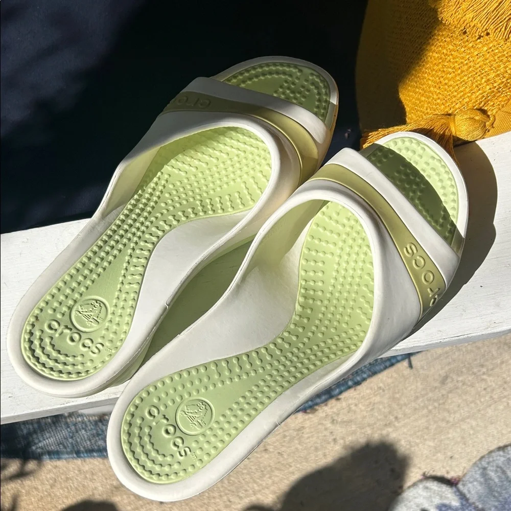 CROCS Sassari Lime Green and White Wedge Sandals